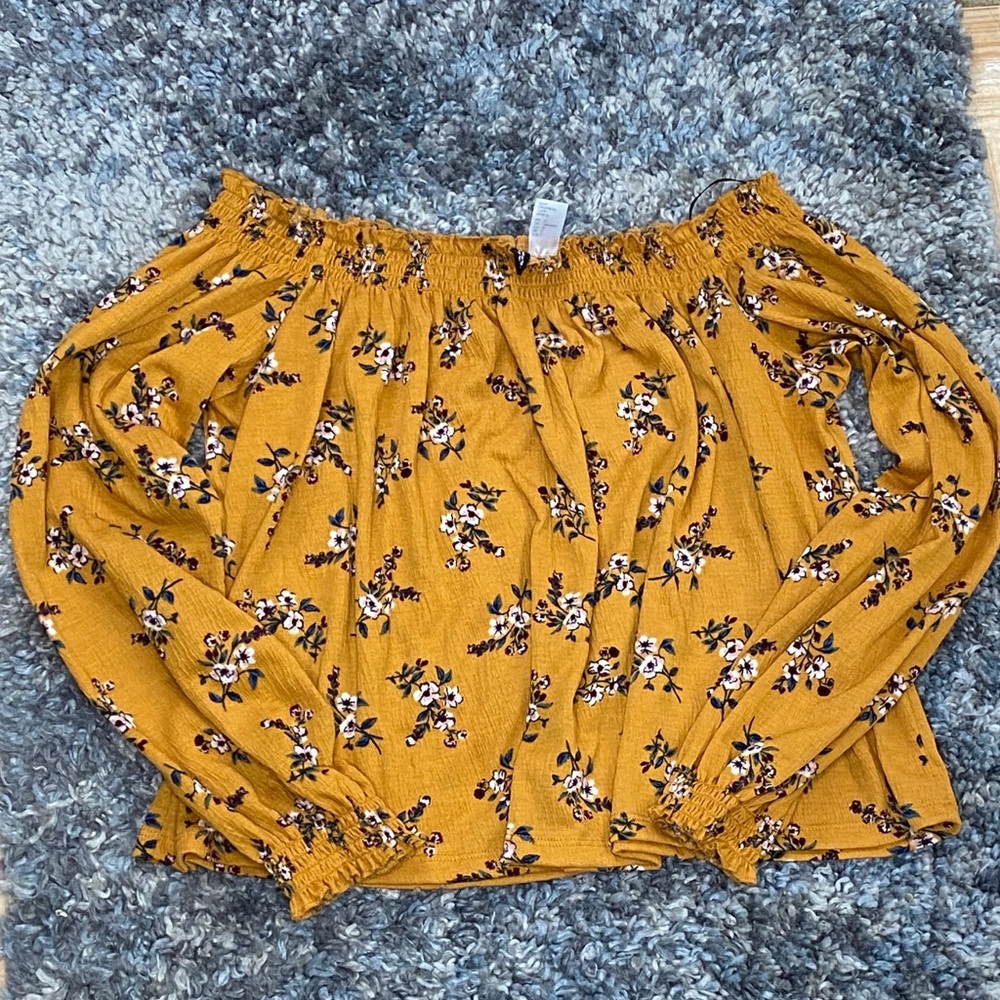 H&M | Yellow Floral Long-sleeve Off Shoulder Shirt